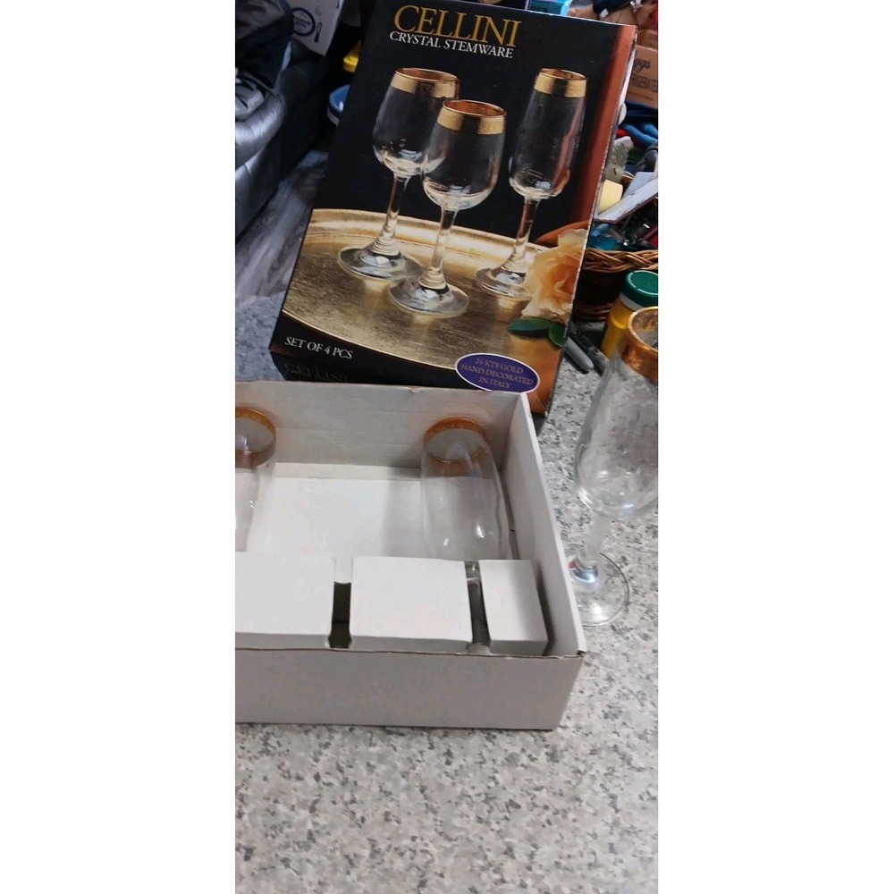 Cellini Crystal Champagne Flutes Etched Gold Rim Made In Italy Set Of Four